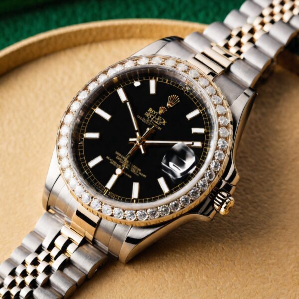 Rolex Two-Tone Diamond Bezel Date Watch with black dial and gold-steel bracelet for sale.
