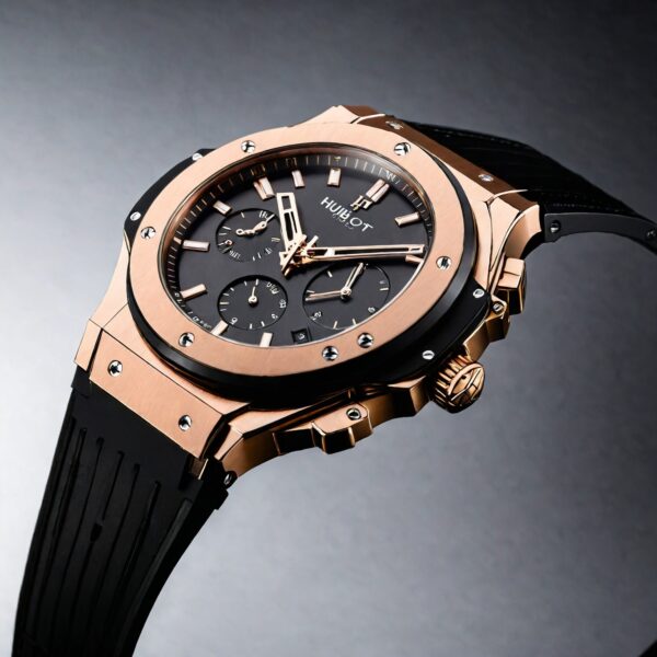 Hublot Big Bang Rose Gold Chronograph Watch - Luxury Men’s Mechanical Watch with Black Dial and Rubber Strap.